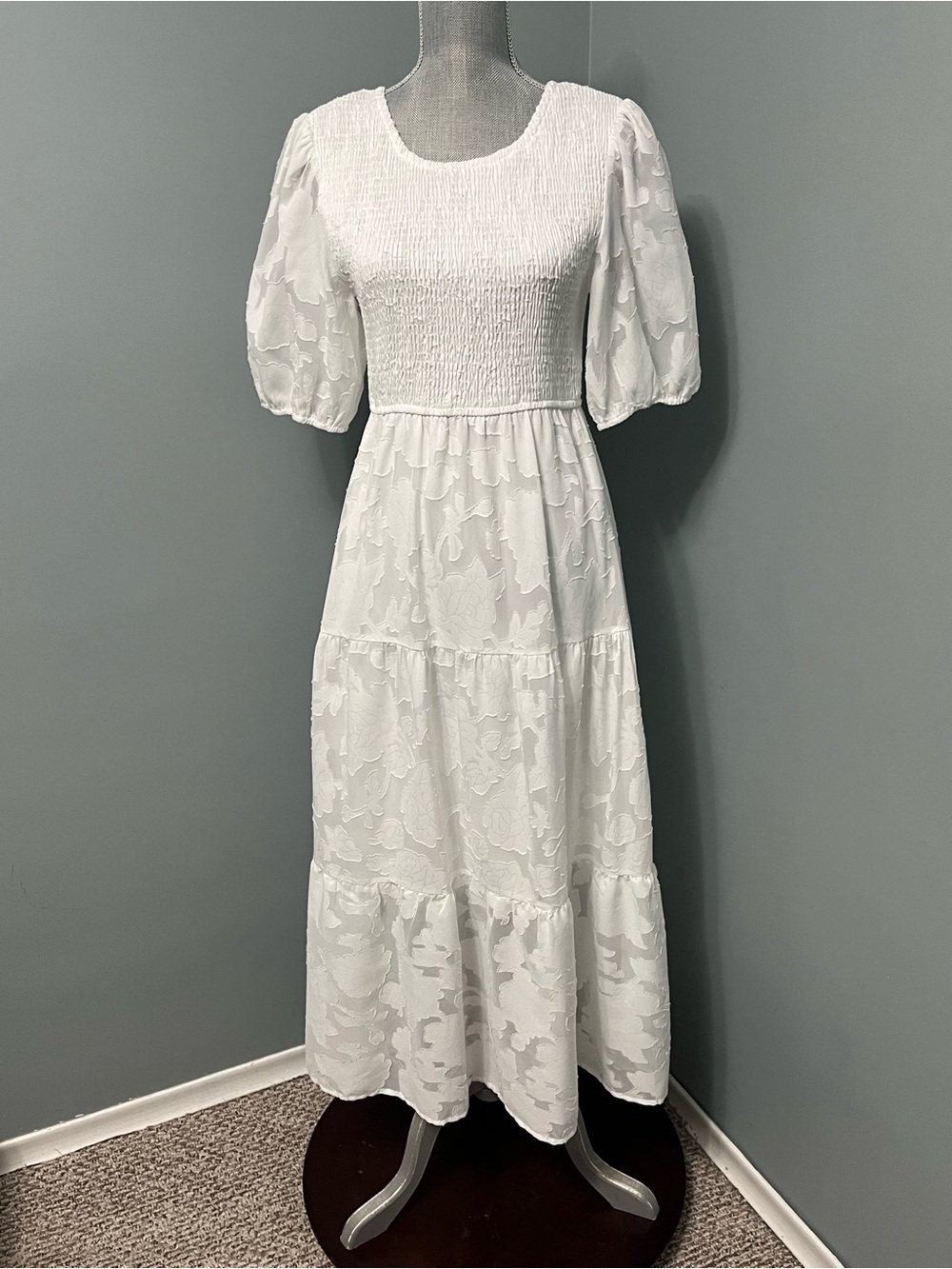 MEROKEETY PUFF SLEEVE SMOCKED FLORAL LACE tiered MIDI DRESS women’s size medium